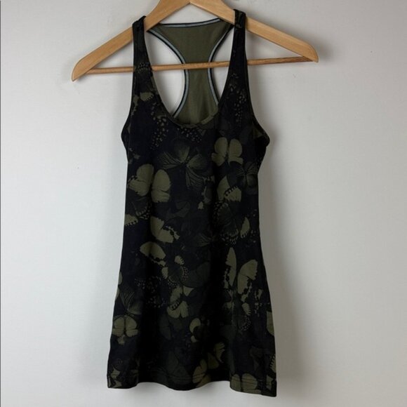 Lululemon Cool Racerback Biggie So Fly Butterfly Fatigue Green Black Size 2 - Picture 2 of 7